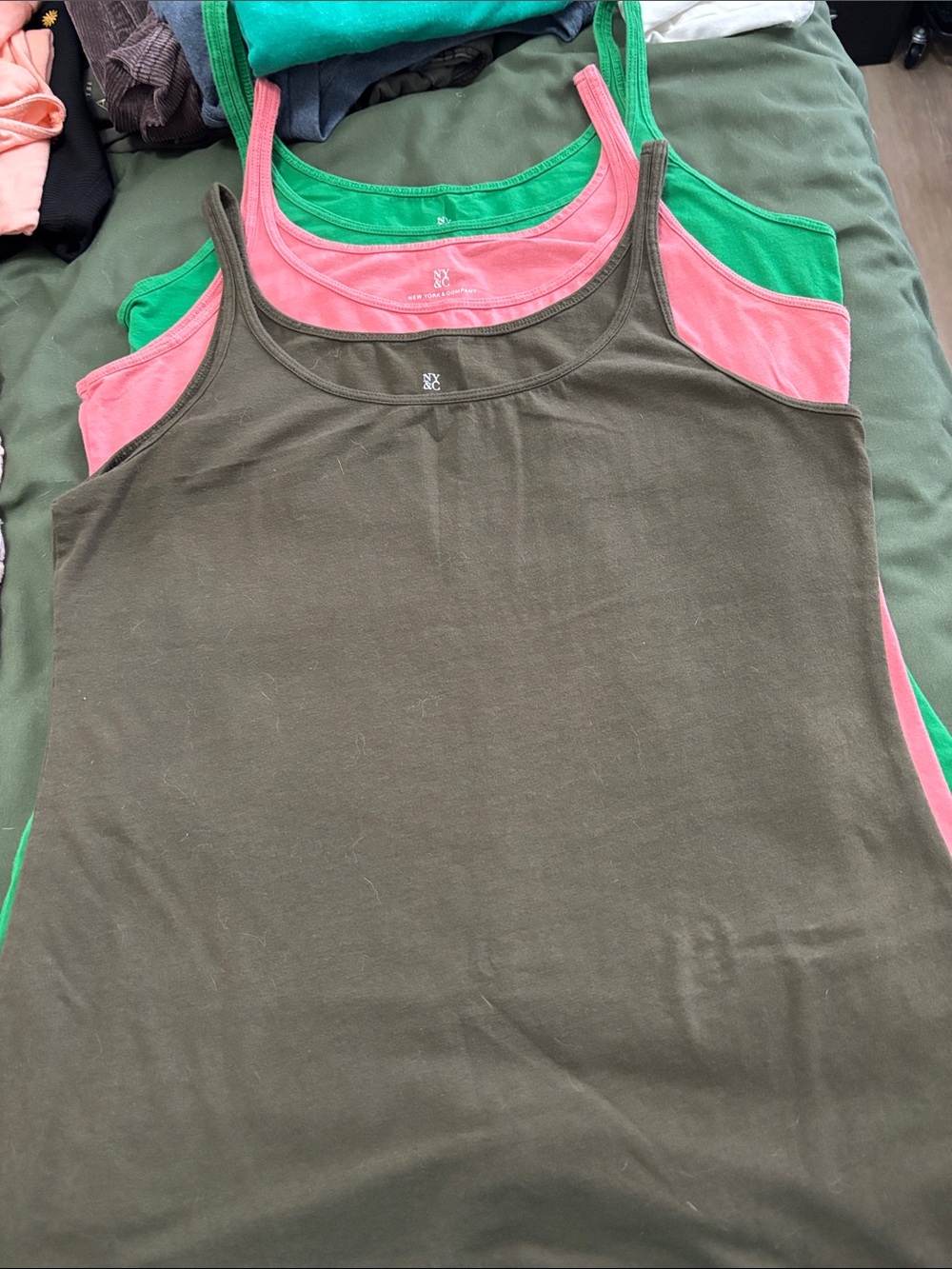 New York & Company Olive, Pink & Green Layered Scoop Neck Tank Tops